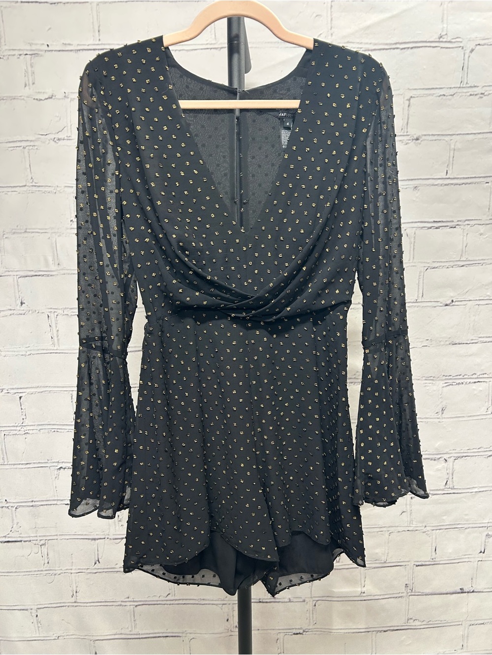 Black Long Sleeve V-Neck Romper with Gold Dot Detail by Jay Godfrey